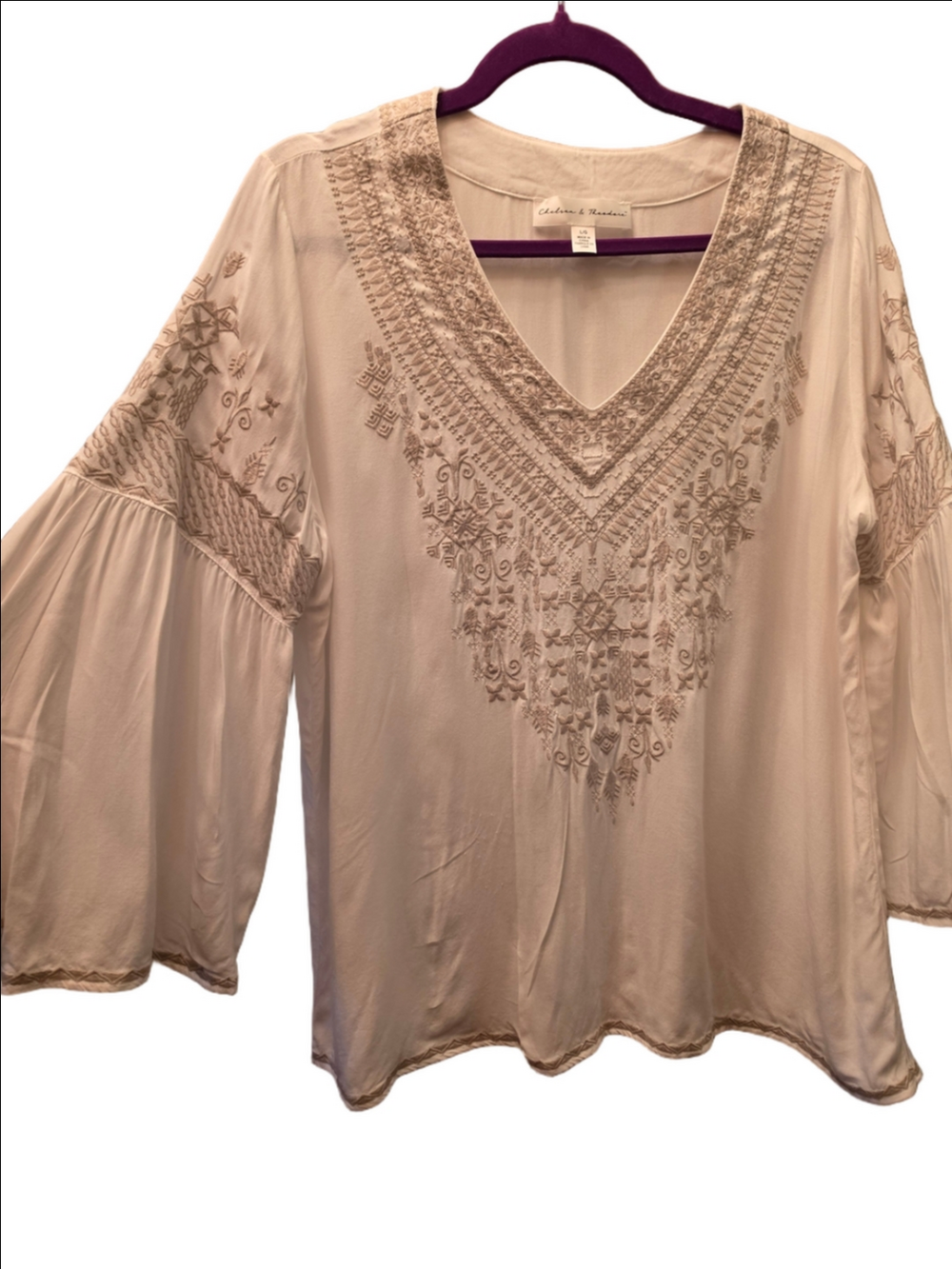 Chelsea & Theodore Boho Embroidered Bell Sleeve Blouse White L Rayon